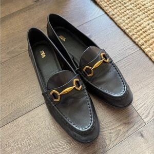 Never Worn Zara Black Loafers with Gold Detail
